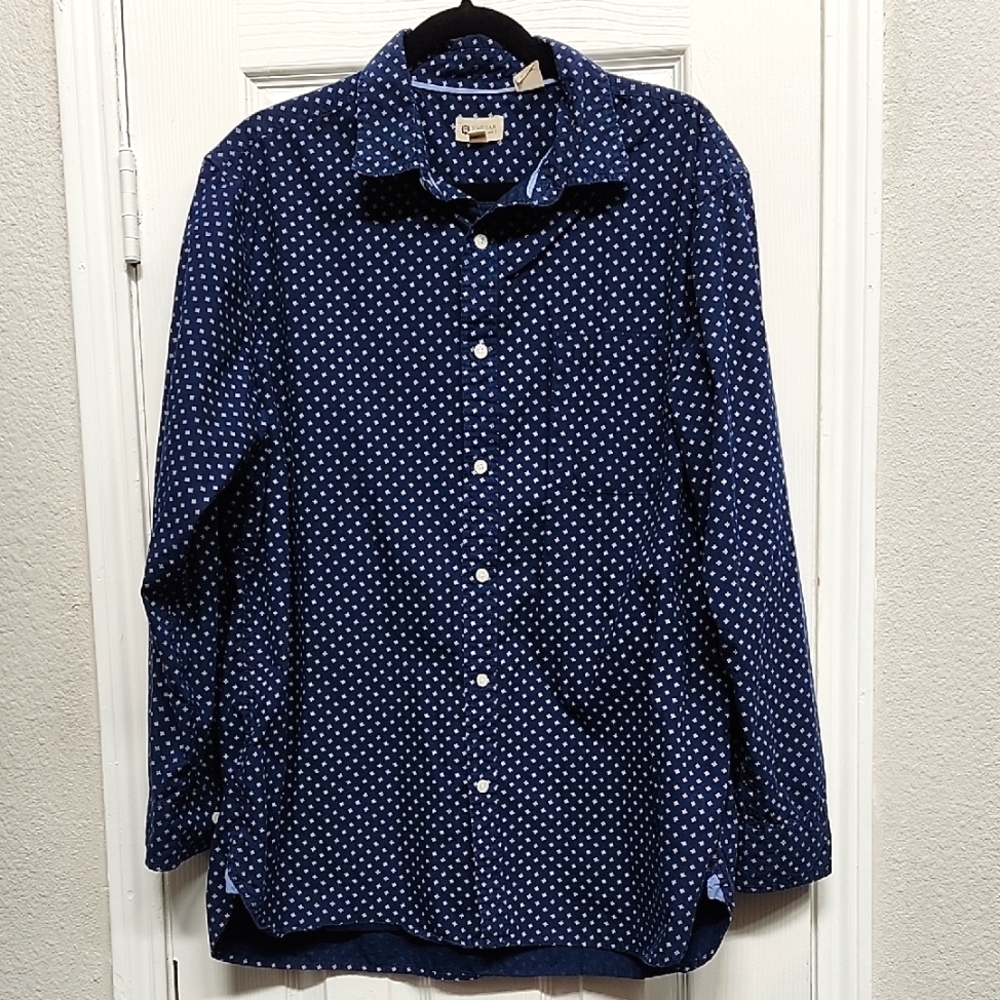 Haggar 100% Cotton Men's Navy Blue and White Button Up Shirt, Size XL
